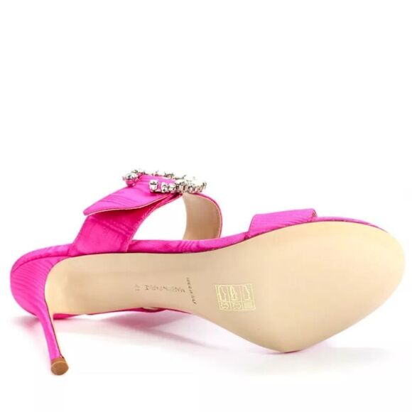 Revolve Marion Parke Lucia Fuchsia Pink Satin Rhinestone Buckle Heeled Sandals - Picture 6 of 10